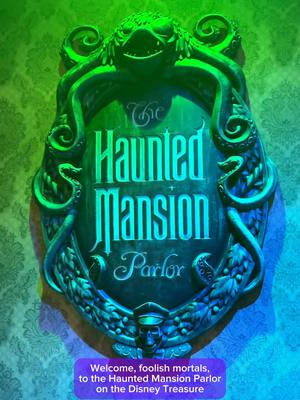 A post by @disneyd23 on TikTok caption: Calling all happy haunts! Take a closer look at the Haunted Mansion Parlor on the Disney Treasure. 👻 The Disney Treasure makes its maiden voyage TODAY! #DisneyCruiseLine #DisneyTreasure