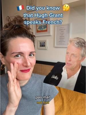 A post by @hellofrenchnyc on TikTok caption: Important French news alert ❗Hugh Grant—oui, THE Hugh Grant—speaks French! And his French is actually not bad (🇫🇷pas mal). 🙌 He speaks very well (🇫🇷il parle très bien), but I spotted 3 tiny mistakes he made: 👀 Mistake 1️⃣ –“J’ai dit” (I said) should have been “Je lui ai dit” (I told him). Why? Because Hugh is referring to what he said to his friend. The word “lui” is a third-person singular indirect object pronoun—it means “to him, to her, to them.”  Mistake 2️⃣ –”Et il a dit” (and he said) should have been “Et il m’a dit” (and he said to me). “M’” is an indirect object pronoun, meaning “to me.” Same reason as above!  Mistake 3️⃣ –“À côté de moi” (next to me) should have been “à côté de chez moi” (next to my home/house). Without “chez,” it sounds like the house was literally right next to him—not near his actual home.  💡Reminder! Being understood is the top priority when speaking French, and I perfectly understood what Hugh was saying. As a French teacher, though, I’m just being nit picky. 😉 I liked Hugh Grant before, but I adore him even more now that I know how good his French is! Hugh, I’d love to speak French (🇫🇷parler le français) with you! 😊 Interested in improving your French? My French language resources dive into all the must-know details of modern spoken French. Comment “FRENCH” to receive a link to my popular e-books directly in your DMs. 🔗📚 Original interview video: @galafr  .  .  .  #French #LearnFrench #FrenchLanguage #Français #France #HughGrant