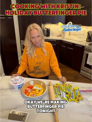 A post by @kristinchenoweth on TikTok caption: Absolute chaos in the creation of this @butterfinger pie!! Happy holiday cooking!! CUT 🎬🍫🥧👩‍🍳🧈🎄 #butterfingerpie #cookingwithkristin 