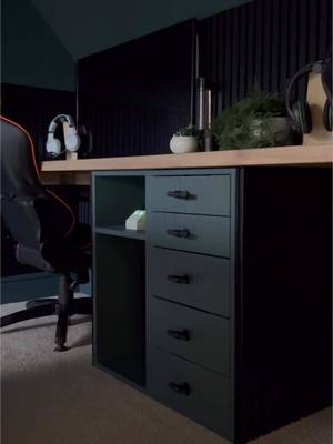 A post by @klk.interiors on TikTok caption: IKEA Alex & RODEBY hack We’ve given the boys a desk update using their existing drawers. We had the Alex office drawers from @IKEAUK already and added the RODEBY arm rests to the front to match the panelling in the rest of the room. Primed in @Zinsser UK B•I•N primer Painted in @Lick teal 03 Sealed with @RustOleum furniture lacquer Handles from @Hendel & Hendel  Save 10% with code KERRY10 Black panelling from @Charles and Ivy  #ikea #ikeahack #ikeahome #ikeahacks #ikeahackers #ikeahacksdiy #homehacks #homehack #diyhomeprojects #diyhomeimprovement