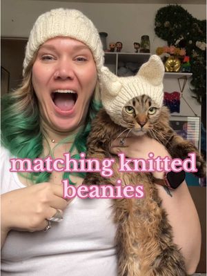 A post by @squish.and.co on TikTok caption: Momma and kitty matching beanies YES PLS Human hat pattern: Kindreth Beanie by Alicia Plummer Cat hat pattern: Kitty Balaclava by Kiley Olivia  #knit #knitted #knitting #craft #yarntok #knittok #fiberartist #fiberart #fiberartistsoftiktok #knitter #knittingtiktok 