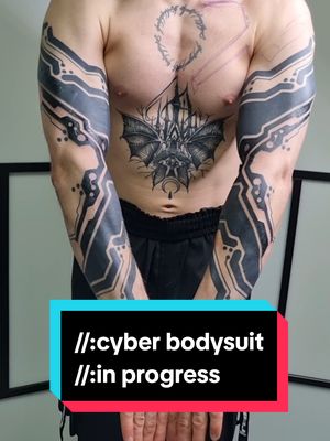 A post by @jackthebloody_tattoo on TikTok caption: CYBER BODYSUIT in progress //:tattoo realizzato durante la mia guest al @cold_street a UDINE  //:@nicola_puntin ci vediamo prestissimoooo 🖤🖤🖤 //:ink: @eclipse.tattooink  //: #cyberpunktattoo #cybertattoo #blackworktattoo #geometrictattoo #ornamentaltattoo #circuittattoo #tattooitalia 