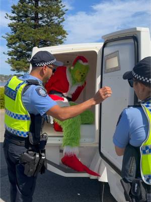 A post by @jamescapener on TikTok caption: Merry Christmas! Grinchy is thankful that @WA Police Force gave him a second chance! 2 Peter 3:9 #christmas #perth #police #fyp #merrychristmas 