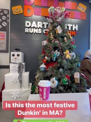 A post by @newbedfordguide on TikTok caption: Is this the most festive Dunkin’ in Massachusetts? The 823 State Rd. location in Dartmouth goes all out for the holidays each year.🎄