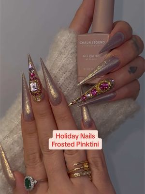 A post by @chaunlegend on TikTok caption: Reminder If your Stilletos ain’t Stabbin and Jabbin, they’re almonds lol 💉💉 by the way “Frosted Pinktini” is definitely THAT Girl this Holiday Season I mean look at all that✨✨!!! What’s your go-to Holiday Nails?? Are you a glittery girl or Nudie ??  Products Featured: LGND Signature Acrylic  LGND 80/80 Half Moon File LGND NonAcidic Acrylic Primer LGND Acrylic Kolinsky Sz 8 Gel Color: Frosted Pinktini 🍸  LGND Nonwipe Topcoat  Gems and crystals @City Nails 5 @ridleyshannon #chaunlegend #chaunlegendnails #holidaynails