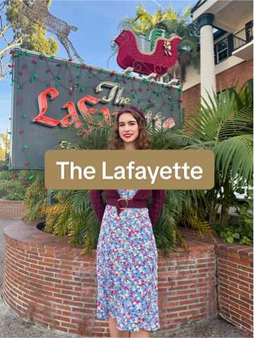 A post by @victory.bee on TikTok caption: I absolutely loved visiting The Lafayette hotel! I definitely want to stay here for at least a night and go to their bowling alley next time I visit San Diego 💗 Outfit: Dress is vintage  Hat and cardigan are from @The House of Foxy  #vintageaesthetic #vintage  #1940style #1940s #sandiego #southerncalifornia #hotels