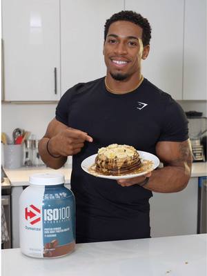 A post by @jbailey_justdoit on TikTok caption: Chocolate Peanut Butter Protein Pancakes #ad  Ingredients: * 2 scoops of @Dymatize ISO100 gourmet chocolate - 50g of protein  * 1 1/2 tbsp baking powder * 1 tsp baking soda * 1/4 cup all purpose flour  * 1/4 tsp salt * 2 large eggs * ½ teaspoon vanilla extract  * ½ cup semisweet chocolate chips Toppings  * PBfit (powdered peanut butter) * Banana  * Almonds * Maple syrup    Try Dymatize ISO100 Gourmet Chocolate  flavor and so many others when you click the link in my bio!  #proteinpancakes #proteinrecipe #ISO100 #musclechef #profein #pancakes #dymatize #dymatizeISO100 #musclechef #joshbailey