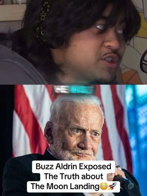 A post by @conspiracysyrup_1 on TikTok caption: Buzz Aldrin Exposed The TRUTH! 😳🚀🌔 #conspiracy #theory #creepy #weird #creepypasta #scary #moonlanding #nasa #truth #footage #buzzaldrin 