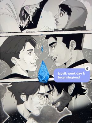 A post by @yumafuki on TikTok caption: #jayvikweek day 1: beginning/end  ⚙️ their story began and ended with each other <\3 (I finished this RIGHT BEFORE the end of day one omgg…) full image on my twt/bluesky!! #jayvik #arcane #arcaneseason2 #jaycetalis #viktor #jaycexviktor #arcaneleagueoflegends #fanart #viktorarcane #vikjayce 