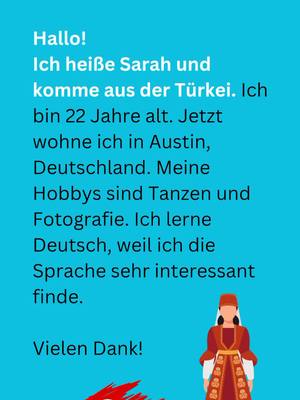 A post by @tikdeutsch.com on TikTok caption: Sich vorstellen A1 - Sarah aus der Türkei. #learnlanguages #germanforbeginners #languagelearning #speakgerman #learngerman #GermanGrammar #deutschlernen #deutsch #ألمانية 