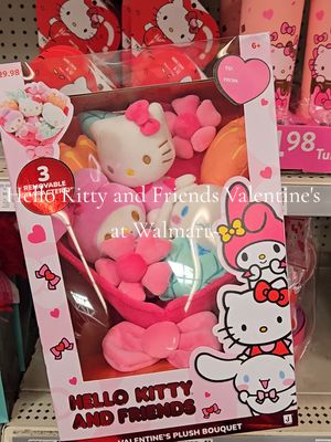 A post by @meidochu on TikTok caption: 😭🩷 found the last one! Valentine's Day is so bad for me and my wallet 🎀 #sanrio ##sanriovalentines #hellokittyvalentines #hellokittyandfriendsvalentines #sanriowalmart #hellokittywalmart 