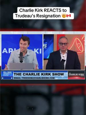 A post by @buzz.shock on TikTok caption: Charlie Kirk REACTS to Trudeau’s Resignation #justintrudeau #pierrepoilievre #canada 