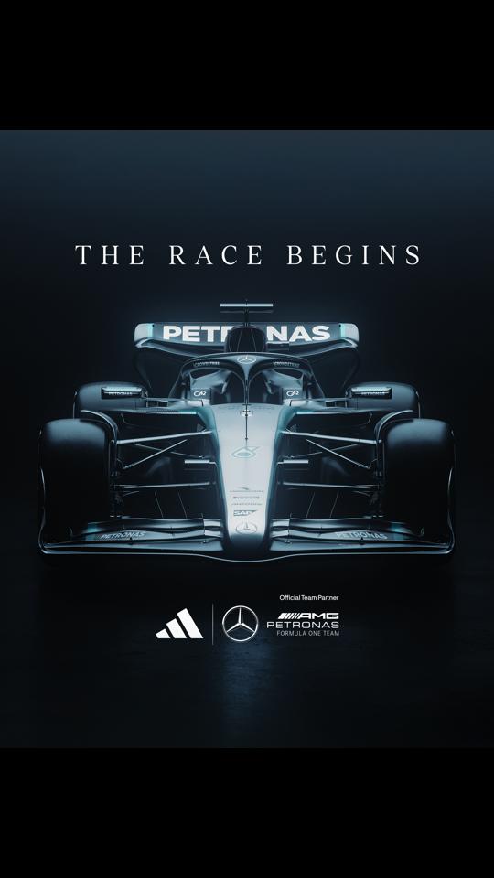 A post by @mercedesamgf1 on TikTok caption: adidas x Mercedes-AMG PETRONAS F1: est. 2025 🤝 #F1 #Formula1 #Mercedes #adidas 