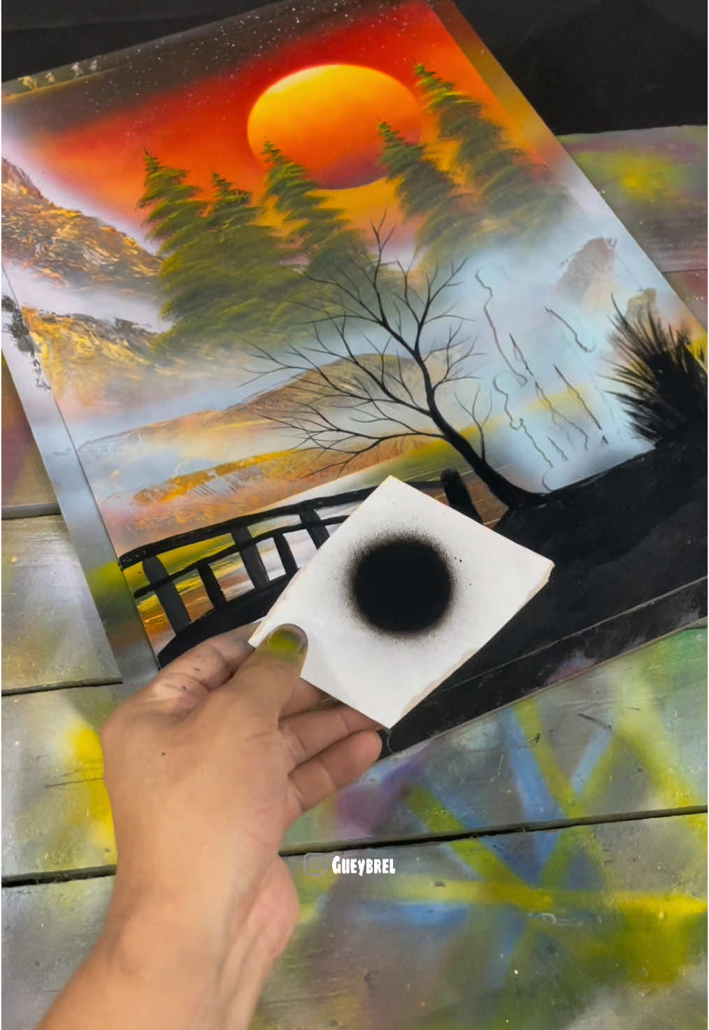 A post by @gueybrel on TikTok caption: ✅PARTE 3 en mi perfil!!!😜✌️ SÍGUEME y no te pierdas mis próximos videos!👀 #spraypaint #gueybrel #graffiti #arte #arteurbano #drawing #dibujo #color #paisajes #acrylicpainting #acrylic #edit #artista #argentina #2025 