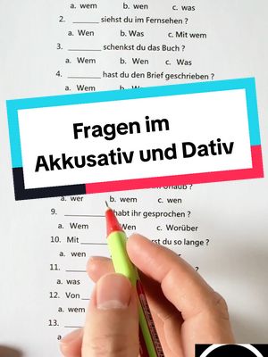 A post by @deutschverbessern10 on TikTok caption: Fragen im Akkusativ und Dativ  #study  #studytok  #deutsch  #deutschland  #germany  #explore  #LearnOnTikTok 