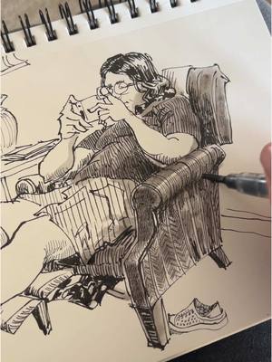 A post by @paulheaston on TikTok caption: Forgot about this sketch from Xmas day while we visited family in TX. Sailor Fude de Mannen fountain pen and ink wash. #drawing #art #paulheaston #sketchbook #penandink #urbansketchers #fountainpen #inkwash #hatching 