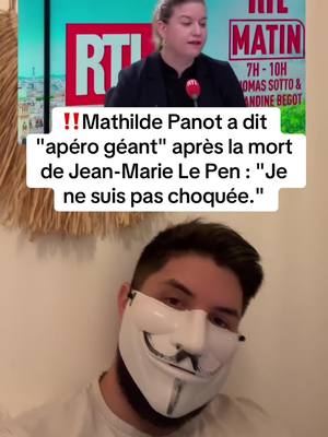 A post by @thefrenchdroitard on TikTok caption: Mathilde Panot a dit "apéro géant" après la mort de Jean-Marie Le Pen : "Je ne suis pas choquée." #france🇫🇷 #mathildepanot #jeanmarielepen #placedelarepublique 