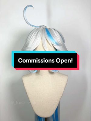 A post by @_hanie.c on TikTok caption: May-June 2025 comms are open! Get a wig styled by us now!! You may also request for a free quote to save up for the next batch~ #wigstyling #cosplaywig 