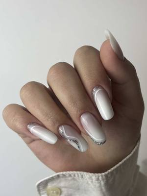 A post by @cactus_foryou on TikTok caption: I brillantini non ci stancano mai 😋✨ Prodotti utilizzati:  Remover  Base step One  Gel sorbetto perfect milky Dual form quadrato arcuato  Colori semipermanente: S012 Painting gel white Top coat reflex  #cactusforyou #ricostruzioneunghie #unghiegel #unghiemania #unghiebelle #cactusnailshop #unghie #unghiette 