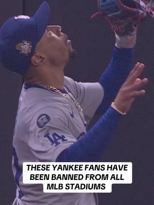 A post by @mlbonfox on TikTok caption: The two Yankees fans that grabbed Mookie Betts’ glove during Game 4 of the World Series have indefinitely been banned from all MLB stadiums #MLB #losangelesdodgers #fans #newyorkyankees #banned 