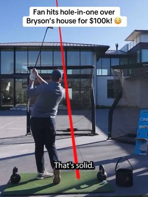 A post by @teeboxtreasures on TikTok caption: 🏌️⛳ Bryson DeChambeau fan hits hole-in-one over mansion to win $100,000 on fifth attempt! #golf #golfer #golftiktok #pro #PGATOUR #livgolf #holeinone #viralvideo #challenge#money