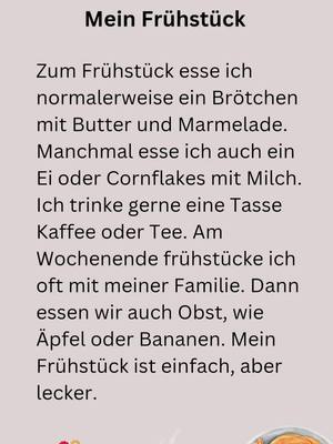 A post by @tikdeutsch.com on TikTok caption: Mein Frühstück - lesen A1 #ألمانية #learnlanguages #LanguageTips #germanforbeginners #languagelearning #speakgerman #deutschlernen #deutsch #learngerman #GermanGrammar 