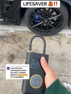 A post by @br1.tries on TikTok caption: Replying to @rickyraj719 super lasting battery!! #ttshop #fanttik #tirepump #tirepressure #tirepump #flattire #winter #cars