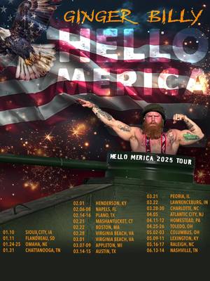 A post by @gingerbilly1 on TikTok caption: Hello Merica! Y’all check out my new tour dates! Hope to see y’all at a show! 