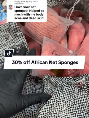 A post by @omascosmetics on TikTok caption: Replying to @lucky.pup.boi our African net sponges are currently 30% off right now, get them now while supplies last.  . #tiktokban #tiktokbanupdate #africannetsponges #selfcaretiktok #showeroutinetok #omascosmeticsafricannetsponges 