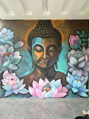 A post by @siveparathy96narayanan on TikTok caption: Buddha with Lotus Wall Art Kindly watsapp me at 01131837498 for more enquiries regarding Wall Art Service 🩷 @@vivagAN @Minnalfm @Raaga @Astro Ulagam  #johorbahru #muralist #painting #paintingart #mural #artist #buddha 