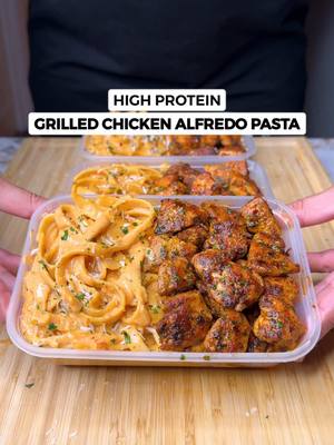 A post by @jalalsamfit on TikTok caption: High Protein Grilled Chicken Alfredo Pasta🍗🍝🧀 Best & Most Popular Meal Prep Recipes of 2024 Part 5!🔥 Chicken is cooked to perfection, paired with a rich creamy Alfredo Pasta. So simple and easy with great macros🤌🏽 Macros Per Serving (4 Servings Total) 595 Calories | 59g Protein | 50g Carbs | 16g Fat Ingredients (Makes 4 Servings) Grilled Chicken - 800g Raw Cubed Chicken Breast - 1 Tsp Salt - 2 Tsp Italian Herbs - 1.5 Tsp Parsley - 1 Tsp Chilli Flakes (remove if you don’t like spicy) - 1.5 Tsp Garlic Powder - 1.5 Tsp Paprika - 2 Tsp Olive Oil (you can leave this out too) - 20g Light Butter (For cooking + once cooked) Creamy Alfredo Pasta - 210g Uncooked / 520g Cooked Pasta (I chose fettuccine) - 80g Chopped White Onion - 4 Garlic Cloves Chopped - 1 Tsp Salt - 1 Tsp Italian Herbs - 1 Tsp Parsley - 0.5 Tsp Chilli Flakes (remove if you don’t like spicy) - 1 Tsp Paprika - 150g Tomato Sauce / Passata  - 300ml Light Evaporated Milk (Brand: Sainsbury’s) - 130g Light Cream Cheese (Brand: Philadelphia) - 30g Grated Parmesan Cheese - Optional add Pasta Water if the sauce is too thick Don’t forget to check out my Meal Prep Cookbook with more Delicious High Protein Recipes just like this👨‍🍳❤️ Important Cooking Notes - Cook the chicken cubes on medium high heat, 3-4 mins then turn them over and cook for another 3 mins - Once cooked, lower the heat, add a little more butter then mix it all in and set aside - Cook the onion for 5-6mins till soft then add the spices. Mix it in for a min before adding the tomato sauce - You want to let this sauce cook for at least 5mins on low heat till it bubbles and separates a little - Add the milk and cream cheese on low heat, then keep stirring till combined and thick - To reheat, place both chicken and pasta in a pan, low heat, cover with a lid for 5 mins. Add a little milk if sauce is too solid . . . . #jalalsamfit #alfredo #alfredopasta #pasta #pastalover #mealprep #highprotein #chickenalfredo #chickenpasta #weightloss #healthyrecipes #lowcalorie #chicken #Foodie #eathealthy #mealprepideas 