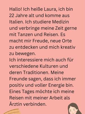 A post by @tikdeutsch.com on TikTok caption: Sich vorstellen A2 - Laura aus Italien #ألمانية #learnlanguages #LanguageTips #LanguageLearning #speakgerman #deutsch #deutschlernen #learngerman #germanforbeginners #GermanGrammar 