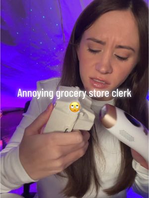 A post by @safespaceasmr on TikTok caption: ⚠️ gum chewing ⚠️ from the unprofessional grocery store clerk🙄 #asmr #asmrvideo #asmrsounds #asmrroleplay #fyp 