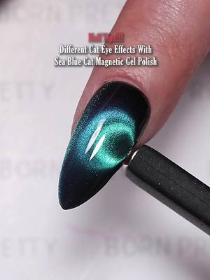 A post by @bornprettyofficial on TikTok caption: Give off major stare power with Sea Glass cat eye that changes in different effects!☺️🌌🌊👏 Using #bornpretty 💙Sea Blue Cat Magnetic Gel (59612) Tap the bio and search the product id to find more colors🥰 #nailtips #nailart #allshinonme #nailsdesign #gelnails #naillover #cateyenails #bluenails #nailinspo #nails2inspire #nailartist #nailswag #almondnails #fypシ゚ 