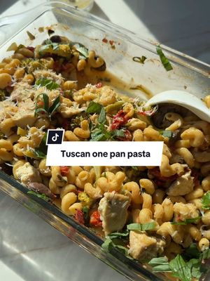 A post by @healthygirlkitchen on TikTok caption: ONE PAN TUSCAN PASTA (healthy dinner idea!)🍝🌿 You need:  Sauce on the bottom:  2 tbsp olive oil 6 cloves minced garlic 3/4 cup full fat unsweetened coconut milk or coconut cream  1/4 cup nutritional yeast  1 tsp dried basil 1 tsp dried oregano 1 tsp salt  *add all of this to a pan and whisk  The rest:  8 oz small short pasta I use protein pasta  1.5 cups chopped broccoli  1/2 cup chopped sun-dried tomatoes  1 cup sliced baby Bella mushrooms 2 cups chopped spinach  4 cups water  *mix it all together well Bake covered for 20 minutes and uncovered for 20 minutes at 400 F.  Optional add protein when its done like sautéed tofu! Garnish with parmesan cheese I use vegan parm.    #dairyfree #MomsofTikTok #onepandinner #onepotmeals #vegan #plantbased 