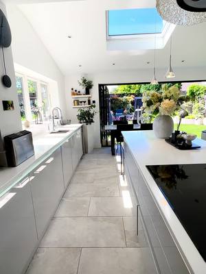 A post by @ourhomeonthefold0 on TikTok caption: ✨Open plan living is what we dreamed of when we built our extension a few years ago! I could never have imagined when we started it, that it would ever look like this 🤩. Roll on spring and summer to fill it with sunshine and good vibes ☀️❤️. Janice x💙  #kitchen #kitchenextension #garden #backyard #openplan #openplanliving #bifolddoors #fyp #fyppp 