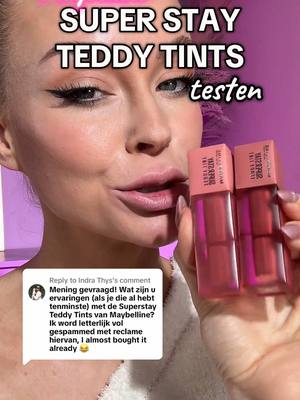 A post by @maureennaudts2 on TikTok caption: Replying to @Indra Thys KEM ZE GETEST VANDAAG, speciaal voor jou 😘😘😘 Ik was wel impressed! Soms beetje plakkerig gevoel maar ze ‘stayen’ super 👏🏼👏🏼😜💘  @Maybelline NY  #maureennaudts #vlaamsemua #vlaamsetiktok #maureentestuit #makeuptips #makeuptips #maybellineteddytint 