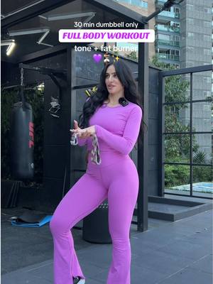 A post by @joellerahebb on TikTok caption: Replying to @Riana-Kylie 30 min hourglass full body workout:  dumbbells only (home or gym)💜⏳✨ @Fabletics #fableticsambassador  PT 1: 1️⃣ Squat to press: 4x12 2️⃣ RDL to row: 3x10 #gym #gymmotivation #homeworkout #fullbodyworkout #GymTok #fyp #fy 