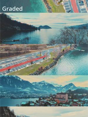 A post by @khalidzuaiter on TikTok caption: Before or After? Been i while trying to expose D Log footage And i had this final touch What do you think? #colorgrading #dronephotography #switzerland #lake #naturephotography #nature #photography 