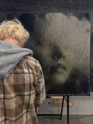 A post by @perspicere on TikTok caption: Latest piece from my "head in the clouds" series.. Drop me a message if your interested in giving it a home 105cm x 105cm .. #stringart ##threadart #portrait #londonstreetart #londonart #studio #artstudio #instart 