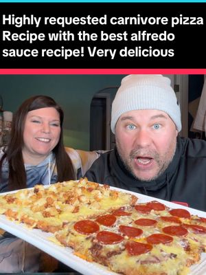 A post by @snipingfordom on TikTok caption: Highly requested recipe! Here’s the recipe for our carnivore and keto diet pizzas that are to die for! The Alfredo sauce recipe as well! One of the best Alfredo sauces ever and so easy to make! #carnivorediet #ketodiet #carnivorepizza #ketopizza #ketorecipes #carnivorerecipes #alfredorecipe #foodreview 