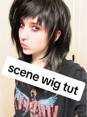 A post by @grave.of.nosferatu on TikTok caption: !! im goth and just wanted a new wig style, but ive ALWAYS wanted scene/emo hair so here we are👾👾👾  #goth #emo #scene #scenehair #ptv #piercetheveil #gothtiktok #scenehaircut #wigstyleing #drag #hehim #dragqueen #fyp #DIY #viral #xybca 