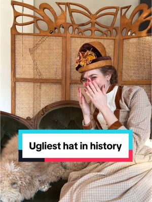 A post by @thesewloartist on TikTok caption: Using my final moments on this app wisely. At least 1830’s bonnets are campy 😩 are these ugliest hats in history? This is absolutely no shade to the hats creator! It’s beautifully made and gorgeously trimmed. I’m placing the blame for this ridiculosity firmly on the shoulders of the Victorians #victorian #fail #historicalcostuming 