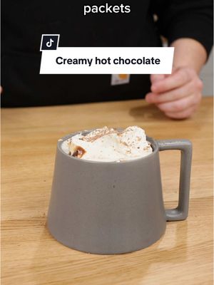 A post by @alexhomebarista on TikTok caption: The best hot chocolate ever. RECIPE: 1/2 C Milk 1/2 C Heavy Cream  1 double shot espresso 8 oz semi sweet chocolate #hotchocolate #hotcocoa #recipesoftiktok #homemaderecipes #homemadefood 