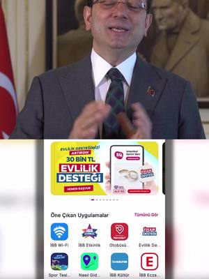 A post by @ekrem.imamoglu on TikTok caption: Ekonomik kriz büyüdükçe evlenmek de zorlaşıyor. İBB olarak yeni evlenecek ihtiyaç sahibi çiftlere desteğimizi 30 bin TL’ye çıkardık.