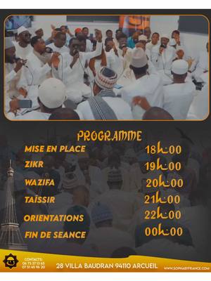 A post by @sopnabyfrance1 on TikTok caption: As salamou aleykoum🤝🤍📿 Voici le programme de demain soir in sha Allah❤️ ⠀#sopnabyfrance #Tariqa #Tijan #cheikhahmedtidjanesy #ahmedtidjanimosque #senegal #Tivaoune #sopnaby #soufisme #zikr #221🇸🇳 #team221🇸🇳🇸🇳🇸🇳 #serigne #sufism #sufiquotes #senegalese #islamquotes  #nabi #zikrullah #221🇸🇳 #islam❤️ #soufisme #senegal221 #fishasenegal #fisha_senegal #tivaouane #prière #musulmans #islamicdua #sunnah