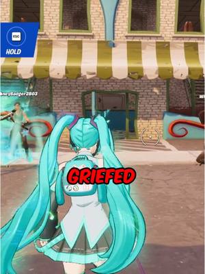 A post by @placcy on TikTok caption: This GRIEFER got tricked by HATSUNE MIKU.. #fortnite #hatsunemiku #fortniteemote 