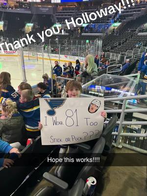 A post by @mah9478922 on TikTok caption: Dylan Holloway, if you see this, thank you!!! You’re an amazing person! Hudson’s first NHL game and Holloway signed his jersey and gave him a puck!!! #holloway #saintluoisblues #LGB #blues #STL #81 #hockey #puck #jersey #ice #foryoupage #fyp 