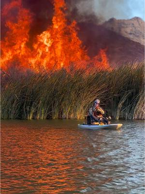 A post by @bassmasterofficial on TikTok caption: Wow! Take a look at this controlled burn during practice for the Newport Bassmaster Kayak Series at Lake Havasu presented by Native Watercraft!  What is the wildest thing you have seen while fishing in a kayak? 🤯 Remember to say safe on the water, and please keep our friends in LA in your thoughts and prayers. 