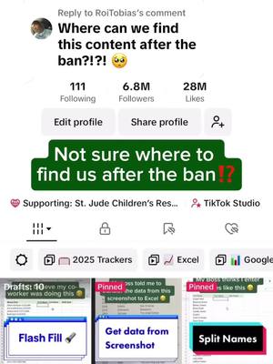 A post by @cheatsheets on TikTok caption: Replying to @RoiTobias Go to IG: “thecheatsheets” to continue watching our Excel and Google Sheets tips after the TikTok ban 💚 #cheatsheets #excel #exceltips #spreadsheet #googlesheets #tiktokban #tutorial 